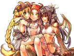  3girls :d animal_hands black_hair black_sclera braid breasts closed_mouth colored_sclera earrings girl_sandwich green_eyes head_wreath horns hug jewelry komota_(kanyou_shoujo) long_hair looking_at_viewer monster_girl multiple_girls necklace original ponytail red_eyes red_hair sandwiched scales short_hair sideboob simple_background single_horn sitting small_breasts smile tail toga very_long_hair white_background wide-eyed wings yellow_eyes 