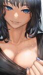  1girl bangs black_hair black_shirt blue_nails breasts cleavage clothes_pull collarbone commentary_request face highres lips looking_at_viewer medium_breasts medium_hair nail_polish original parted_lips rakuga_kiya shirt shirt_pull solo wet wet_hair 