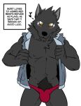  2017 anthro black_body black_fur black_nose black_pubes blush body_hair bort_(gabshiba) briefs bulge canid canine canis chest_tuft clothing domestic_dog english_text facial_markings fur gab_(comic) gabshiba head_markings looking_down male mammal markings muscular muscular_anthro muscular_male musical_note navel pubes red_briefs simple_background sleeveless_jacket solo standing superstition tamaskan_dog text tuft underwear white_background yellow_eyes 