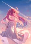  1girl absurdres ahoge bangs breasts collarbone cowboy_shot dress floating_hair highres long_hair looking_afar nyum original petals pink_eyes pink_hair sky small_breasts solo standing sundress thighs white_dress 