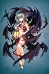  1girl barefoot bat_wings choker closed_mouth flat_chest grey_eyes grey_hair heterochromia holding holding_lantern komota_(kanyou_shoujo) lantern long_hair multiple_wings original red_choker red_eyes solo torn_wings wings 