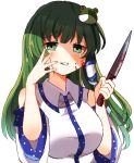  1girl bangs bare_shoulders blood blood_on_face blood_on_knife breasts collared_shirt crying crying_with_eyes_open detached_sleeves eyebrows_visible_through_hair frog_hair_ornament green_eyes green_hair hair_ornament hair_tubes highres knife kochiya_sanae large_breasts long_hair looking_at_viewer shirt simple_background sleeveless snake_hair_ornament solo tears teeth touhou upper_body white_background white_shirt zeroko-san_(nuclear_f) 