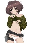  1girl absurdres akiyama_yukari bangs belt blush brown_eyes brown_hair camouflage camouflage_shirt clothes_lift girls_und_panzer highres holster long_sleeves looking_at_viewer messy_hair navel panties shiina_excel shirt shirt_lift short_hair simple_background solo underwear white_background 