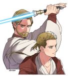  2boys beard blonde_hair blue_lightsaber dual_persona facial_hair jedi mole mole_under_eye multiple_boys mustache obi-wan_kenobi pensan simple_background star_wars star_wars:_revenge_of_the_sith star_wars:_the_phantom_menace white_background 