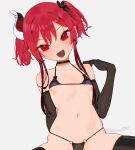  1girl :d artist_name bangs bare_shoulders beijuu bikini black_gloves black_legwear breasts elbow_gloves gloves navel open_mouth original purple_bikini red_eyes red_hair simple_background small_breasts smile solo string_bikini swimsuit thighhighs twintails white_background 