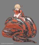  1girl arm_rest black_nails blonde_hair body_markings closed_eyes fingernails full_body grey_background hand_on_own_shoulder highres kizuta_(barometz) lamia long_pointy_ears monster_girl open_mouth original pointy_ears red_scales scales sharp_fingernails short_hair sidelocks simple_background solo twitter_username yawning 