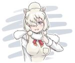  1girl acesrulez alpaca_ears alpaca_girl alpaca_suri_(kemono_friends) animal_ears blue_eyes blush breast_pocket commentary_request eyebrows_visible_through_hair finger_to_cheek fur_collar fur_trim hair_bun hair_over_one_eye hair_tubes kemono_friends long_sleeves neck_ribbon pocket red_ribbon ribbon short_hair smile solo sweater vest white_fur white_hair white_sweater 