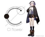  belt belt_boots black_footwear black_jacket black_legwear black_shorts blue_eyes boots cevio character_name choker ci_flower collarbone commentary copyright cross-laced_footwear flower_(vocaloid) full_body grey_shirt hand_on_own_chest headphones highres jacket kneehighs lace-up_boots layered_shirt logo looking_at_viewer multicolored_hair nail_polish official_art purple_hair purple_nails shirt short_hair shorts standing streaked_hair sugimoto_gang vocaloid white_background white_hair 
