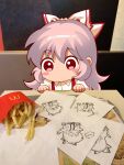  bow collared_shirt commentary_request fast_food food french_fries fujiwara_no_mokou hair_bow highres jokanhiyou mcdonald&#039;s puffy_short_sleeves puffy_sleeves red_eyes shirt short_sleeves suspenders touhou white_bow white_hair white_shirt 