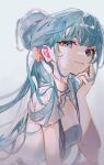  1girl absurdres aqua_eyes aqua_hair bangs blurry blurry_background china_dress chinese_clothes close-up dress eyebrows_behind_hair eyelashes face flower hair_bun hair_flower hair_ornament hand_on_own_face hatsune_miku highres long_hair looking_at_viewer sakiyo smile solo upper_body vocaloid 