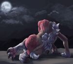  anthro butt claws cloud full_moon fur fur_growth growth laying_on_ground lycanroc lying male midnight_lycanroc moon mountain night nintendo nude on_side pawpads paws pok&eacute;mon pok&eacute;mon_(species) solo tail_growth toshabi transformation video_games were 