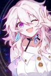  1girl bandages bangs bare_shoulders black_choker choker galaxy highres honkai:_star_rail honkai_(series) long_hair looking_at_viewer march_7th_(honkai:_star_rail) one_eye_closed open_mouth pink_eyes pink_hair rye_(beak_rie) shirt sky solo space star_(sky) starry_sky v white_shirt 