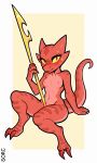  2_toes anthro blush bodily_fluids breasts claws exposed_breasts feet female kobold looking_at_viewer melee_weapon mouth_closed nipples nude polearm red_body red_eyes scalie simple_background sitting solo sorc spear sweat toes tsundere weapon yellow_sclera 