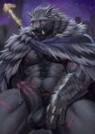  absurd_res adios anthro armor balls blaidd_(elden_ring) bodily_fluids body_hair canid canine canis cape chest_hair clothing elden_ring facial_scar fromsoftware fur gauntlets genital_fluids genitals gloves handwear hi_res humanoid_genitalia humanoid_penis male mammal muscular muscular_anthro muscular_male nipples penis precum pubes scar solo video_games weapon wolf 