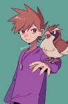  1boy animal_on_arm bangs bird bird_on_arm blue_oak brown_eyes brown_hair closed_mouth commentary_request green_background hand_up highres jewelry long_sleeves looking_at_viewer male_focus momotose_(hzuu_xh4) necklace pidgey pokemon pokemon_(creature) pokemon_(game) pokemon_on_arm pokemon_rgby purple_shirt shirt short_hair smile spiked_hair twitter_username 