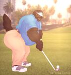  anthro beard belly black_body black_fur blue_clothing blue_shirt blue_topwear bottomwear clothing facial_hair footwear fur golf golf_ball golf_club gulonine hat headgear headwear hi_res male mammal mustache mustelid musteline outside overweight overweight_anthro overweight_male pants photo_background rine robert_hayes shirt shoes solo topwear wolverine 