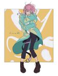  1boy amemura_ramuda bangs blue_eyes candy closed_mouth food full_body highres holding holding_food hood hood_down hoodie hypnosis_mic lollipop long_sleeves male_focus pink_hair shoes short_hair sidelocks solo standing yellow_background 