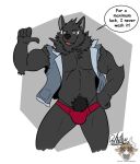  2017 anthro black_body black_fur black_nose black_pubes body_hair bort_(gabshiba) briefs bulge canid canine canis chest_tuft clothing deadanthro dialogue domestic_dog english_text fur gab_(comic) gesture hand_on_hip looking_at_viewer male mammal muscular muscular_anthro muscular_male pointing pointing_at_self pubes red_briefs simple_background sleeveless_jacket solo speech_bubble standing superstition talking_to_viewer tamaskan_dog text tuft underwear white_background yellow_eyes 