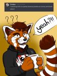  2020 3:4 ailurid anthro beverage clothing coffee dialogue english_text fur hair hi_res hoodie male mammal open_mouth red_panda solo speech_bubble standing text topwear tysuga 