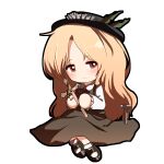  1girl black_headwear blonde_hair blush brown_footwear brown_skirt brown_vest chibi closed_mouth collared_shirt commentary_request cross dolls_in_pseudo_paradise frilled_hat frilled_sleeves frills happy hat hat_feather holding holding_cross jacket_girl_(dipp) long_hair long_sleeves looking_at_viewer mary_janes red_eyes red_ribbon ribbon shirt shoes sitting skirt smile socks solo stake teruteru12 touhou very_long_hair vest white_legwear white_shirt 