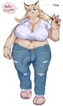  5_fingers 5_toes anthro arm_tattoo arm_tuft balls_outline big_breasts biped black_ears black_nose blonde_hair blue_eyes bodily_fluids bottomwear braided_hair braided_pigtails breasts bulge cheek_tuft claws cleavage clothed clothing colored crop_top crotch_tuft denim denim_clothing detailed_bulge dialogue digital_media_(artwork) ear_piercing ear_stud ear_tuft english_text eyelashes facial_tuft feet felid feline finger_claws fingers flip_flops fluffy footwear front_view full-length_portrait fully_clothed fur gender_symbol gender_symbol_tattoo genital_outline glistening glistening_body glistening_fur glistening_hair gynomorph hair hi_res holding_object huge_breasts inner_ear_fluff intersex intersex_symbol jeans kemono long_hair looking_at_viewer lynx mammal mature_anthro mature_gynomorph mature_intersex measurements metric_unit midriff monotone_body monotone_ears monotone_fur monotone_hair morokko navel navel_piercing neck_tuft nipple_outline number open_mouth overweight overweight_anthro overweight_gynomorph overweight_intersex pants pawpads paws penis_outline piercing pigtails pink_clothing pink_footwear pink_pawpads pointer portrait sandals shaded shirt simple_background solo speech_bubble standing sweat sweatdrop symbol talking_to_viewer tan_body tan_fur tan_inner_ear tan_inner_ear_fluff tattoo teacher text toe_claws toes topwear torn_bottomwear torn_clothing torn_jeans torn_pants tuft unit white_background white_clothing white_shirt white_topwear wide_hips 