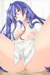 1girl areola_slip areolae ass blue_hair blush breasts cleavage highres iris_heart iwashi_dorobou_-r- kami_jigen_game_neptune_v large_breasts long_hair looking_at_viewer naked_shirt navel neptune_(series) open_clothes open_shirt pink_eyes power_symbol shirt sitting smile solo sweat symbol-shaped_pupils very_long_hair white_background 