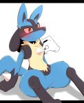  ahirulion anthro biped blue_body blush canid canine chest_spike disembodied_hand facial_markings head_markings lucario mammal markings mask_(marking) nintendo pok&eacute;mon pok&eacute;mon_(species) red_eyes solo spikes spikes_(anatomy) video_games 