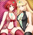  absurdres bangs black_legwear black_panties blonde_hair breasts chest_jewel closed_mouth collarbone cross-laced_clothes deviantart_username eyebrows_visible_through_hair highres iharuluna large_breasts lingerie long_hair looking_at_viewer mythra_(xenoblade) navel nipples panties pants parted_lips pixiv_id pyra_(xenoblade) red_eyes red_hair red_legwear red_pants see-through short_hair smile swept_bangs tiara twitter_username two-tone_background underwear xenoblade_chronicles_(series) xenoblade_chronicles_2 yellow_eyes 