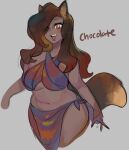  2022 animal_humanoid breasts brown_hair canid canid_humanoid canine canine_humanoid chocolate_(glacierclear) dark_body dark_skin female fox_humanoid glacierclear grey_background hair humanoid mammal mammal_humanoid sarong simple_background solo under_boob 