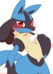  ahirulion anthro biped blue_body blush canid canine chest_spike facial_markings head_markings looking_at_viewer lucario mammal markings mask_(marking) nintendo open_mouth pok&eacute;mon pok&eacute;mon_(species) red_eyes smile solo spikes spikes_(anatomy) video_games 