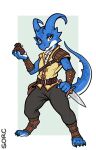  anthro arm_guards belt blue_body dagger kobold male melee_weapon pouch_(anatomy) pouch_purse satchel scalie shoulder_guard simple_background solo sorc weapon yellow_eyes 