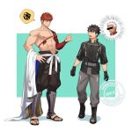  00047 3boys abs archer_(fate) bangs black_gloves black_hair black_jacket blue_eyes commentary dark-skinned_male dark_skin emiya_shirou fate/grand_order fate_(series) fujimaru_ritsuka_(male) fujimaru_ritsuka_(male)_(polar_chaldea_uniform) gloves hair_between_eyes highres igote jacket japanese_clothes long_sleeves male_focus multiple_boys open_mouth red_hair senji_muramasa_(fate) short_hair white_hair yellow_eyes 