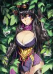  1girl armor black_hair breasts cleavage dripping gauntlets hair_ornament hiding highres ja_mong leaf lips looking_at_viewer ninja original purple_eyes rain thick_thighs thighhighs thighs wet 