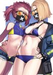  2girls bikini black-framed_eyewear black_gloves black_mask blonde_hair blue_archive blue_bikini bracelet breasts brown_hair choker denim denim_shorts fingerless_gloves gloves hand_on_another&#039;s_hip highres jacket jewelry looking_at_viewer looking_down mask medium_breasts micro_shorts miyamae_(miyazen9311) mouth_mask multiple_girls navel one-piece_tan open_clothes open_jacket open_shorts seaside_sukeban_(mg)_(blue_archive) seaside_sukeban_(smg)_(blue_archive) semi-rimless_eyewear short_hair shorts spiked_bracelet spiked_choker spikes sunglasses swimsuit tan tanlines torn_clothes torn_shorts twintails 