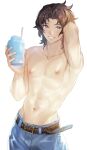 1boy abs bara denim fate/stay_night fate_(series) highres jeans kotomine_kirei large_pectorals male_focus muscular muscular_male navel nipples pants pectorals solo stomach sweat syo_chikubai topless_male 