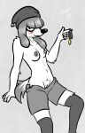  anthro biped black_nose blush bottomwear breasts canid canine canis clothed clothing dipstick_tail domestic_dog dunewulff female fifi_(somemf) genitals hat headgear headwear hi_res long_ears mammal markings nipples pussy solo tail_markings topless topless_anthro topless_female 