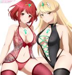  absurdres bangs black_legwear black_panties blonde_hair breasts chest_jewel closed_mouth collarbone cross-laced_clothes deviantart_username eyebrows_visible_through_hair highres iharuluna large_breasts lingerie long_hair looking_at_viewer mythra_(xenoblade) navel nipples panties pants parted_lips pixiv_id pyra_(xenoblade) red_eyes red_hair red_legwear red_pants see-through short_hair smile swept_bangs tiara twitter_username underwear white_background xenoblade_chronicles_(series) xenoblade_chronicles_2 yellow_eyes 
