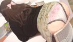  1girl ass ass_focus bent_over black_legwear black_skirt bow brown_hair clothes_lift commentary_request floral_print hair_bow highres lace-trimmed_legwear lace-trimmed_panties lace-trimmed_skirt lace_trim lingerie long_hair mole mole_on_ass original panties pink_panties ryokucha_michi skirt skirt_lift solo thighhighs underwear 