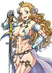  1girl abs armor bare_shoulders bikini_armor blonde_hair breasts clothing_cutout code_of_princess crown detached_collar flower frills gauntlets hair_flower hair_ornament heart_cutout holding holding_sword holding_weapon jewelry large_breasts long_hair looking_at_viewer open_mouth smile solange_blanchefleur_de_luxe solo sword syunzou thigh_strap thighs toned weapon white_background 