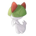  1:1 2_horns ambiguous_gender arms_bent closed_smile english_text front_view green_hair hair hair_over_eyes hi_res horn humanoid looking_away nintendo not_furry on_model pok&eacute;mon pok&eacute;mon_(species) ralts shoupitsuki simple_background social_media solo text video_games white_background white_body 