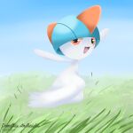  1:1 2_horns ambiguous_gender artist_name blue_hair dated demetria_za grass hair happy hi_res horn humanoid looking_at_viewer nintendo on_model open_mouth open_smile orange_eyes outside plant pok&eacute;mon pok&eacute;mon_(species) raised_arms ralts shiny_pok&eacute;mon shiny_ralts side_view skipping sky smile solo solo_focus video_games white_body 