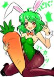  1girl \m/ animal_ears bangs blush breasts brown_hair brown_legwear cleavage detached_collar eyebrows_visible_through_hair green_hair green_leotard highres hiron_(hiron56987) leotard macross macross_frontier pantyhose rabbit_ears ranka_lee short_hair sketch small_breasts solo stuffed_carrot white_background wrist_cuffs 