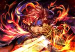 absurdres binding_blade_(weapon) black_background cape closed_mouth fingerless_gloves fire fire_emblem fire_emblem:_the_binding_blade flaming_sword flaming_weapon gloves headband highres holding holding_sword holding_weapon looking_at_viewer male_focus mihilleness red_hair roy_(fire_emblem) solo sword upper_body weapon 