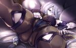  1girl ass atelier_(series) atelier_ryza bodysuit breasts clothing_cutout fingernails fur-trimmed_gloves fur_trim gloves hair_ornament hairpin highres large_breasts lila_decyrus long_fingernails lying on_back pillow shimo_(depthbomb) silver_hair thick_thighs thigh_cutout thighs 