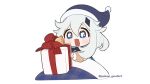  1girl bell blue_eyes blue_headwear chibi genshin_impact gift hair_ornament holding holding_gift long_sleeves official_art paimon_(genshin_impact) paimon_genshin7 short_hair white_hair 