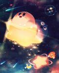  absurdres cloud comet flying gooey_(kirby) highres kirby kirby_(series) kirby_super_star_ultra looking_up moon open_mouth pop_star sky space sparkle star_(sky) star_(symbol) starry_sky sun suyasuyabi 