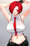  1girl arm_behind_head arm_up armpits arms_behind_head arms_up bangs breasts highres large_breasts looking_at_viewer necktie negresco presenting_armpit red_eyes red_hair sleeveless solo suspenders the_king_of_fighters the_king_of_fighters_xiv the_king_of_fighters_xv vanessa_(kof) 