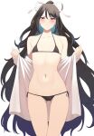  1girl absurdres ass_visible_through_thighs bikini black_bikini black_hair blue_eyes blush closed_mouth collarbone commentary_request cowboy_shot eyebrows_visible_through_hair flat_chest groin hair_between_eyes hair_ribbon hands_up highres kantai_collection katsuragi_(kancolle) long_hair looking_at_viewer navel ponytail ribbon side-tie_bikini simple_background solo standing stomach swimsuit takaman_(gaffe) very_long_hair white_background white_ribbon 