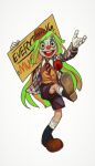  1girl :d arthur_fleck black_eyes boots brown_footwear brown_vest clown facepaint genderswap genderswap_(mtf) gloves green_hair hat highres holding holding_sign jacket joker_(2019) long_hair looking_at_viewer mossacannibalis multicolored_hair necktie open_clothes open_jacket orange_hair purple_shorts red_necktie shorts sign simple_background smile solo standing standing_on_one_leg teeth two-tone_hair upper_teeth very_long_hair vest white_background white_gloves 