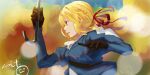  1girl absurdres blonde_hair blue_dress blue_eyes blurry blurry_background bokeh braid brown_gloves commentary depth_of_field dress french_braid from_side gloves hair_bun hair_ribbon highres nicporim parted_lips red_ribbon ribbon solo upper_body violet_evergarden violet_evergarden_(series) 